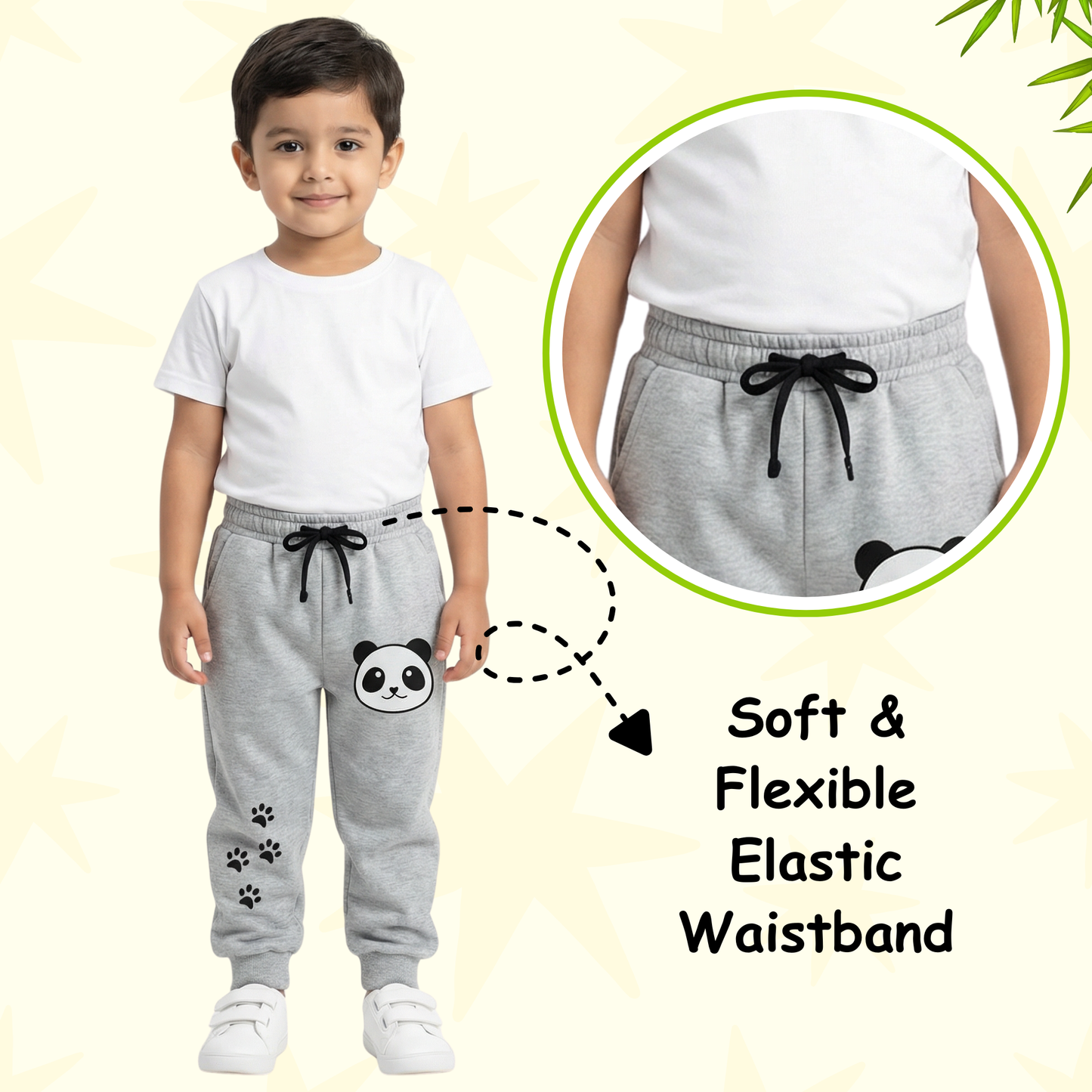 Sakuya Boys Track Pants | Cotton Track Pants for Kids with Full Length Fit and Elastic Waistband | Grey Panda Printed Daily Wear Bottoms Designed for Comfort, Breathability and Easy Movement
