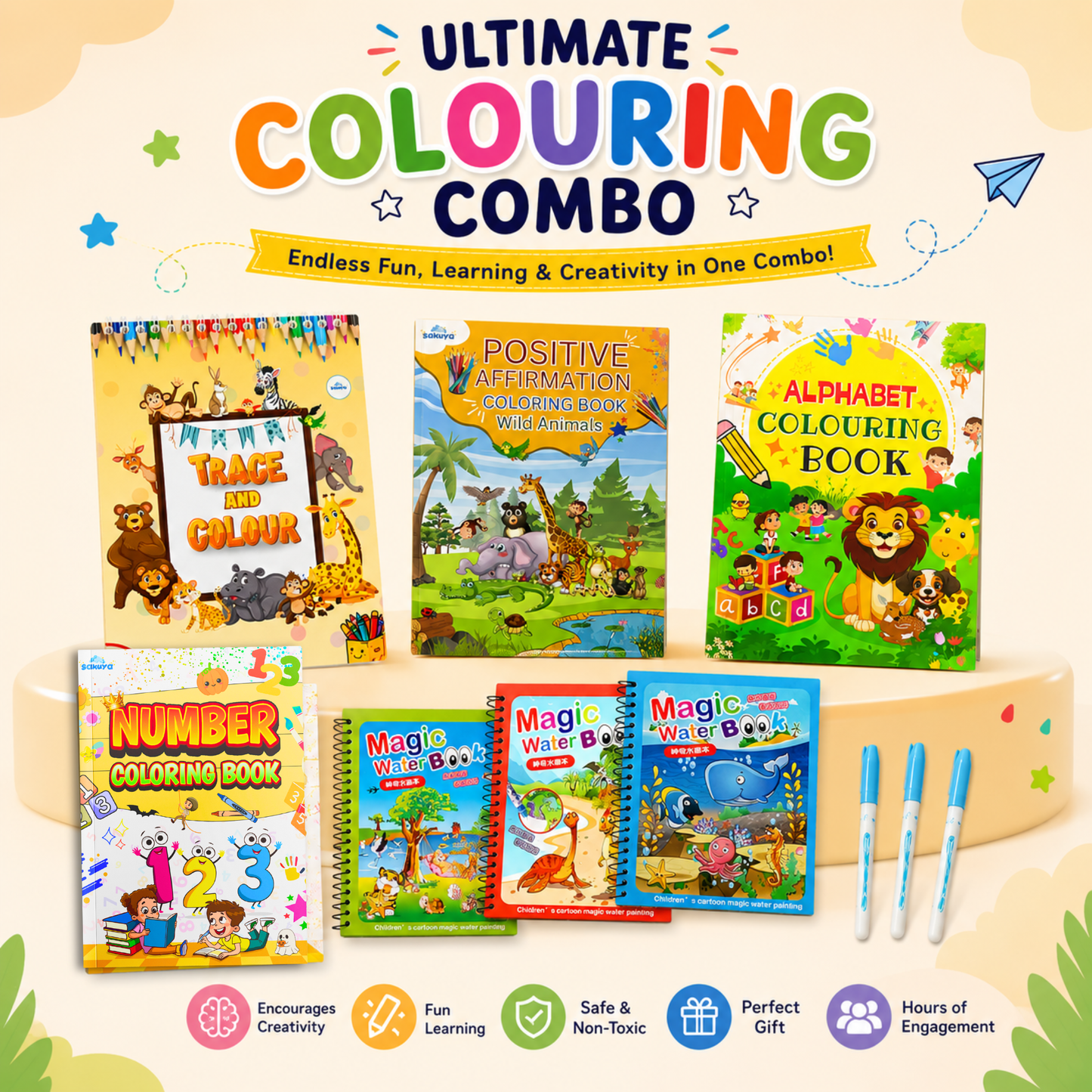 Sakuya 7-piece Ultimate Colouring Combo | Drawing Book for Kids 6-12, Activity Set with Magic Water Art Pad, Alphabet & Number Learning, Trace & Colour, Birthday Gift