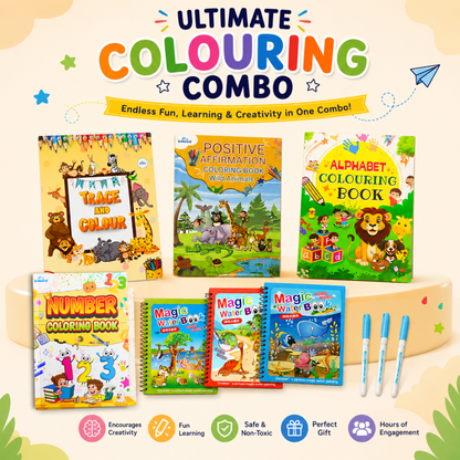 Sakuya 7-piece Ultimate Colouring Combo | Drawing Book for Kids 6-12, Activity Set with Magic Water Art Pad, Alphabet & Number Learning, Trace & Colour, Birthday Gift