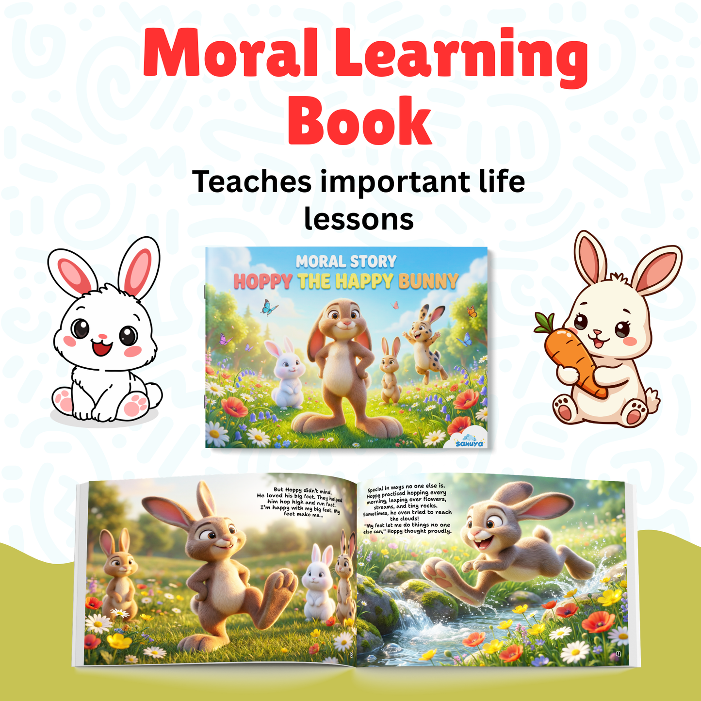 Sakuya Hoppy the Happy Bunny Moral Story Book for Kids Ages 3–8 | Illustrated Bedtime Story Book for Children | Teaches Self Confidence, Kindness, Friendship and Life Lessons Through Engaging Storytelling