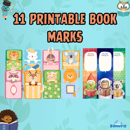 Sakuya 11 Printable Animal-Themed Bookmarks | Cute Digital Bookmarks for Book Readers | Adorable Animal Bookmark Set - Sakuya