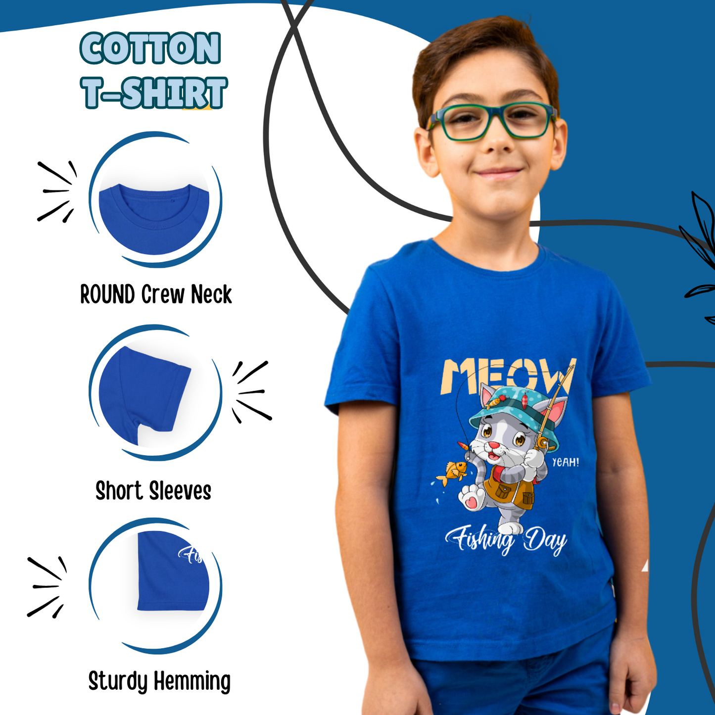 Sakuya Kids T-Shirt Regular Fit Unisex Cotton Dress with Attractive Cat Print| Half Sleeves - Perfect for Boys & Girls| Vibrant Blue - Sakuya