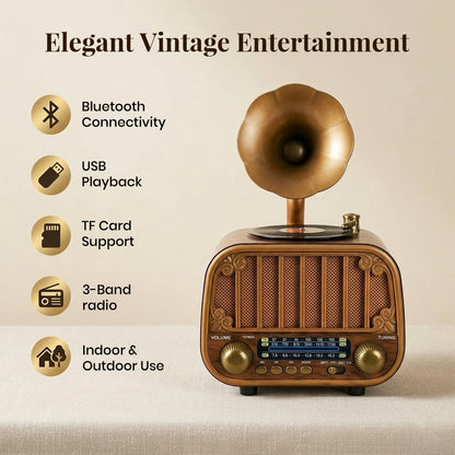 Sakuya Gramophone Bluetooth Speaker for Home Décor and Music Playback – Retro Wireless Music Player with FM Radio, USB, TF Card, AUX Support and Rechargeable Battery – Classic Gramophone Design