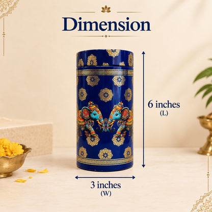 6" Metal Tin Box for Navrathri Gifting, Pichwai Blue Elephant, Pack of 2