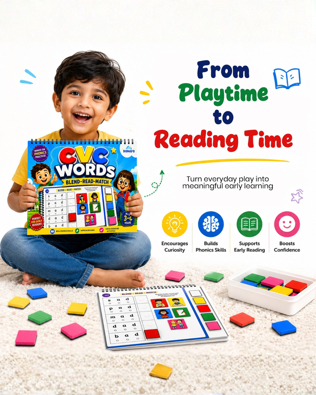 Sakuya CVC Words Phonics Book | Blend Read Match 3 Letter Words Book | 3-6Y