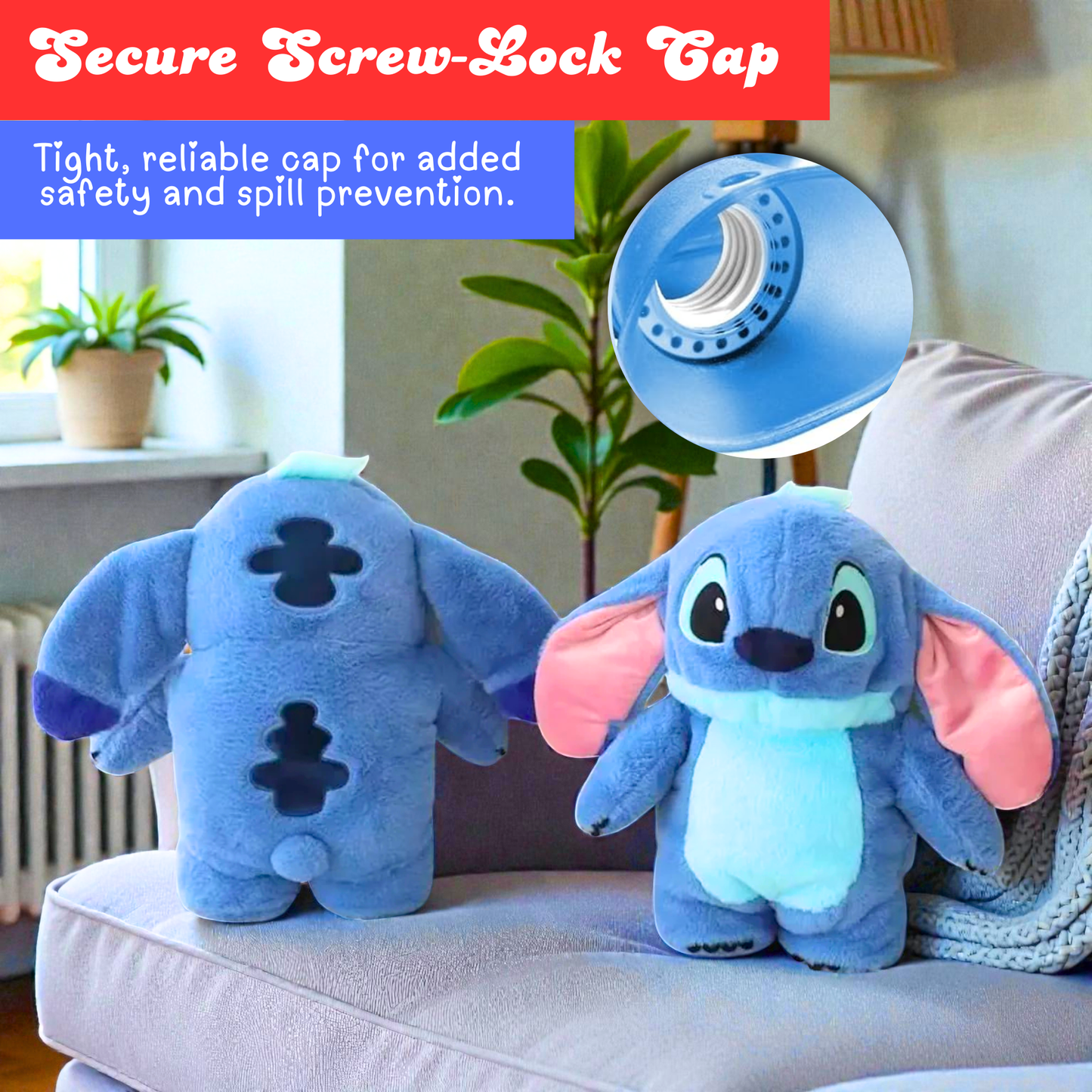 Sakuya Cute Disney Stitch Plush Hot Water Bag with Soft Cover for Pain Relief, Period Cramp Comfort, Warm Water Therapy, Muscle Relaxation, Back Pain Support, Body Aches & Everyday Heat Comfort at Home