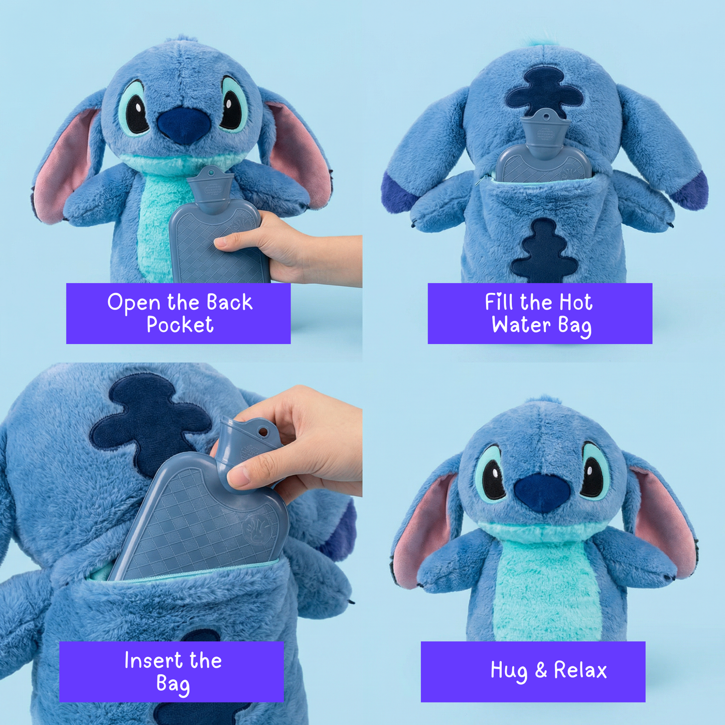 Sakuya Cute Disney Stitch Plush Hot Water Bag with Soft Cover for Pain Relief, Period Cramp Comfort, Warm Water Therapy, Muscle Relaxation, Back Pain Support, Body Aches & Everyday Heat Comfort at Home