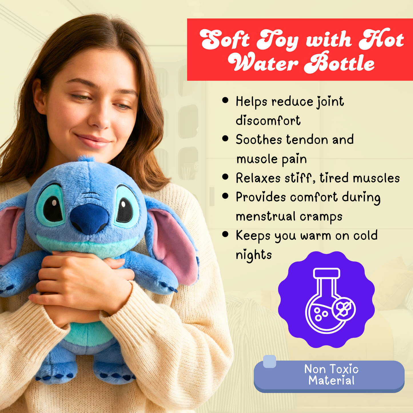 Sakuya Cute Disney Stitch Plush Hot Water Bag with Soft Cover for Pain Relief, Period Cramp Comfort, Warm Water Therapy, Muscle Relaxation, Back Pain Support, Body Aches & Everyday Heat Comfort at Home