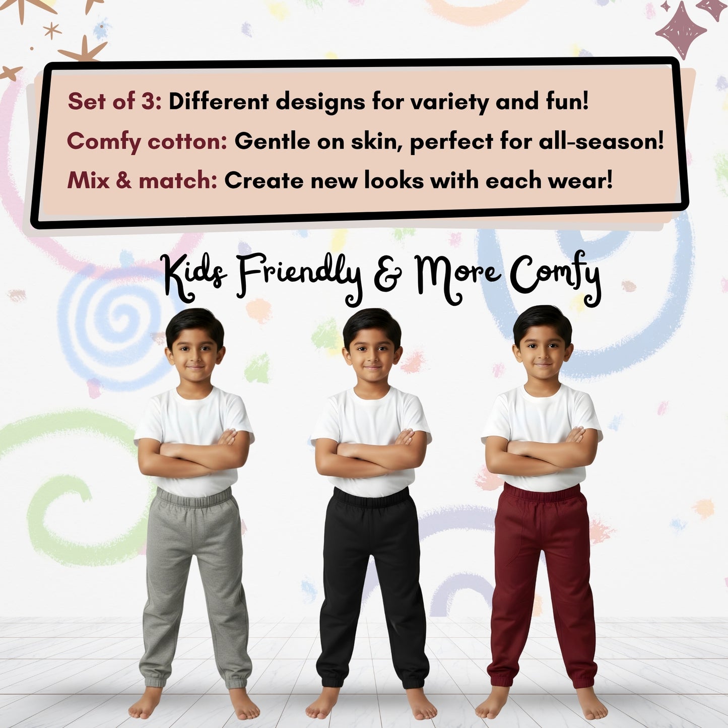 Sakuya Breathable Cotton Set of 3 Pant Set for Nightwear Sleepwear Casual Travel for Unisex Kids Boys Girls