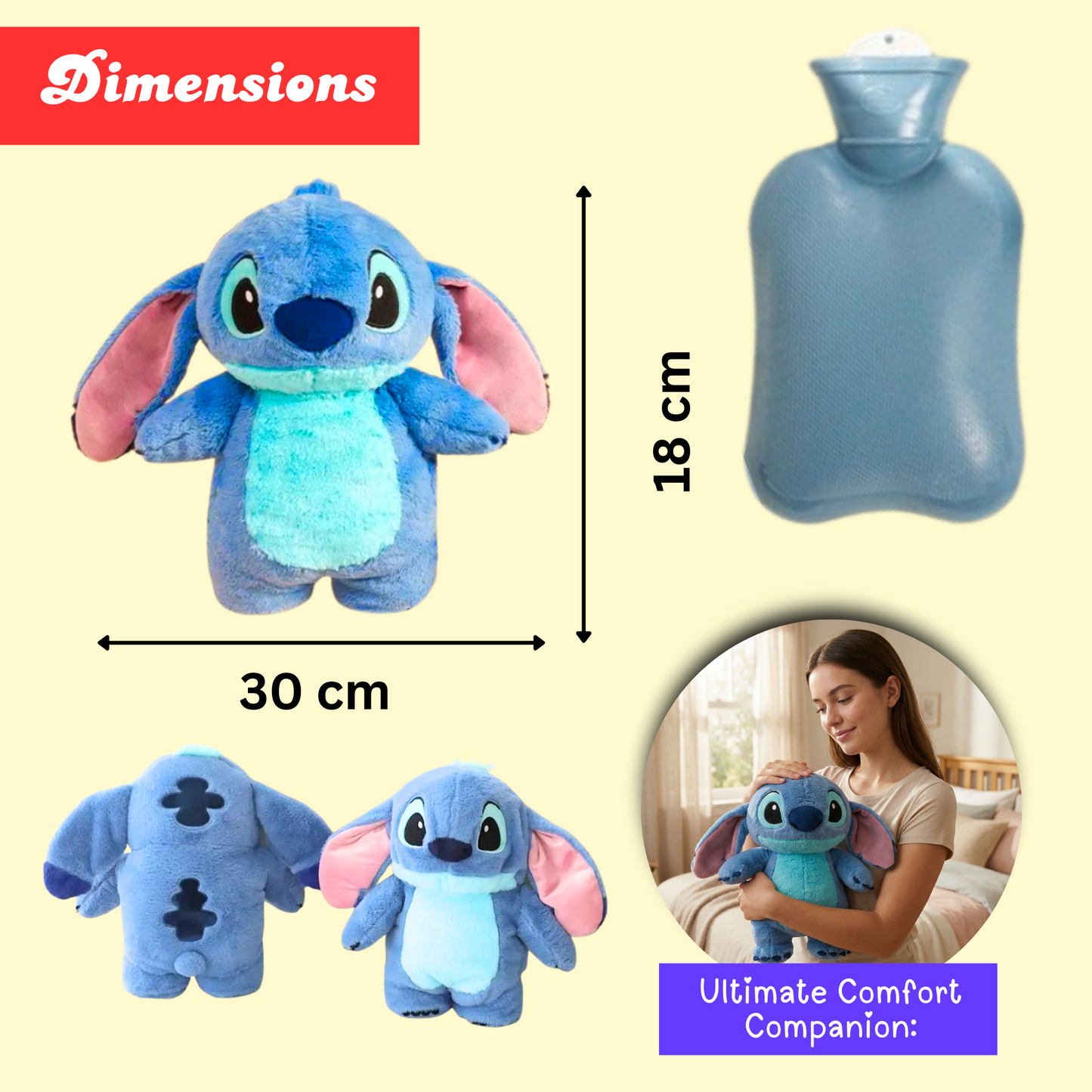 Sakuya Cute Disney Stitch Plush Hot Water Bag with Soft Cover for Pain Relief, Period Cramp Comfort, Warm Water Therapy, Muscle Relaxation, Back Pain Support, Body Aches & Everyday Heat Comfort at Home
