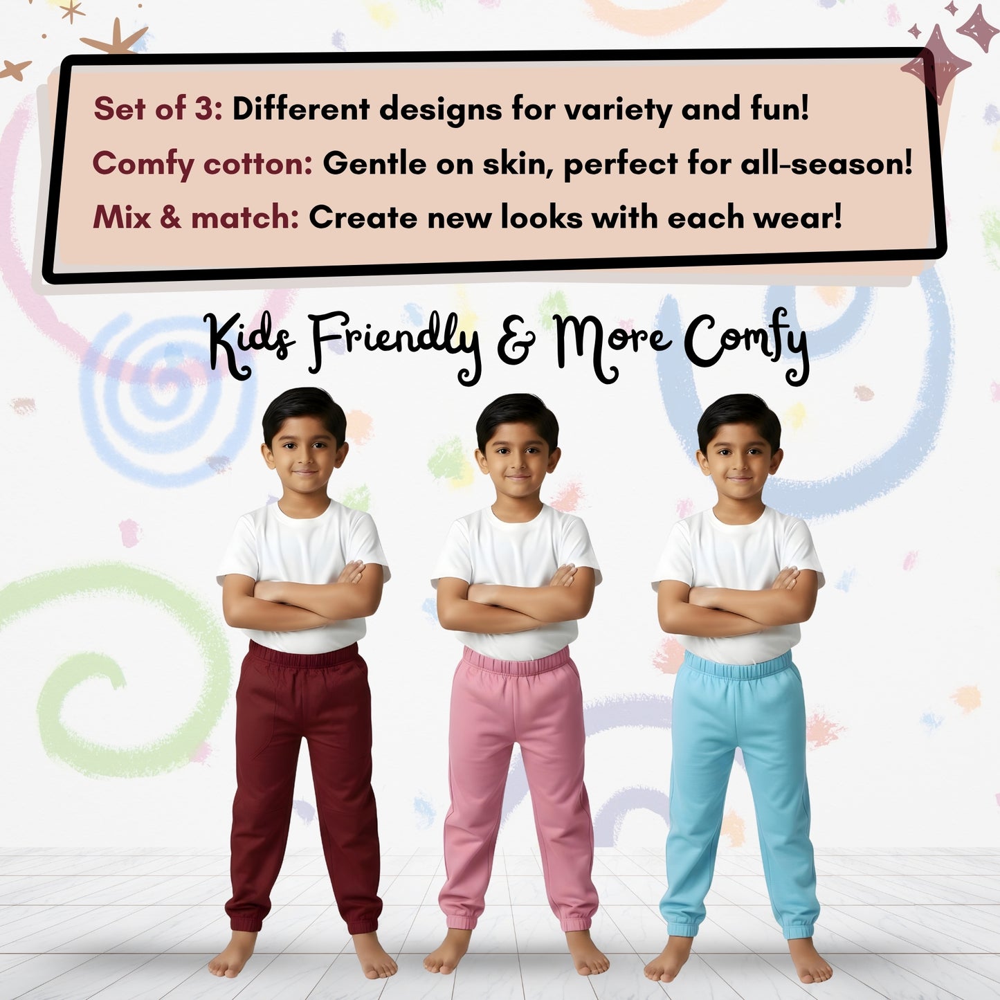 Sakuya Breathable Cotton Set of 3 Pant Set for Nightwear Sleepwear Casual Travel for Unisex Kids Boys Girls