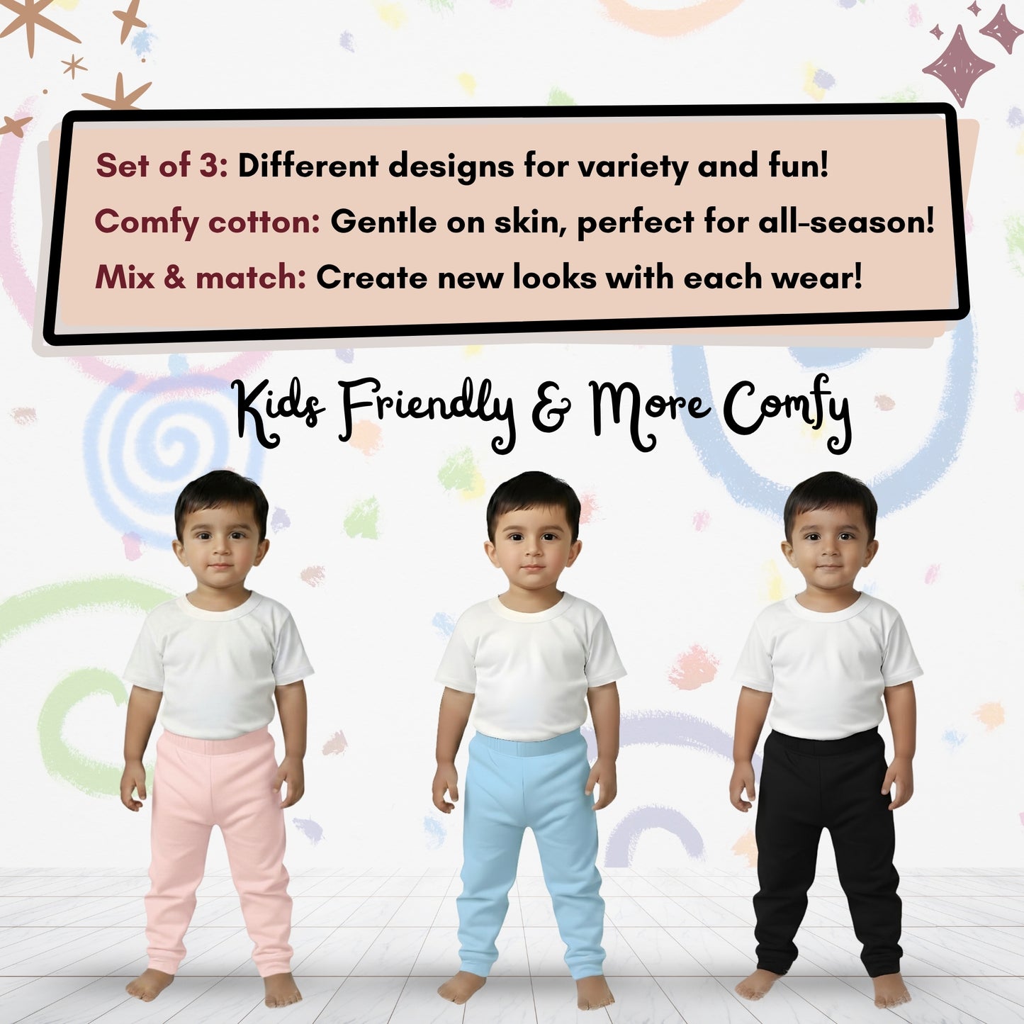 Sakuya Breathable Cotton Set of 3 Pant Set for Nightwear Sleepwear Casual Travel for Unisex Kids Boys Girls