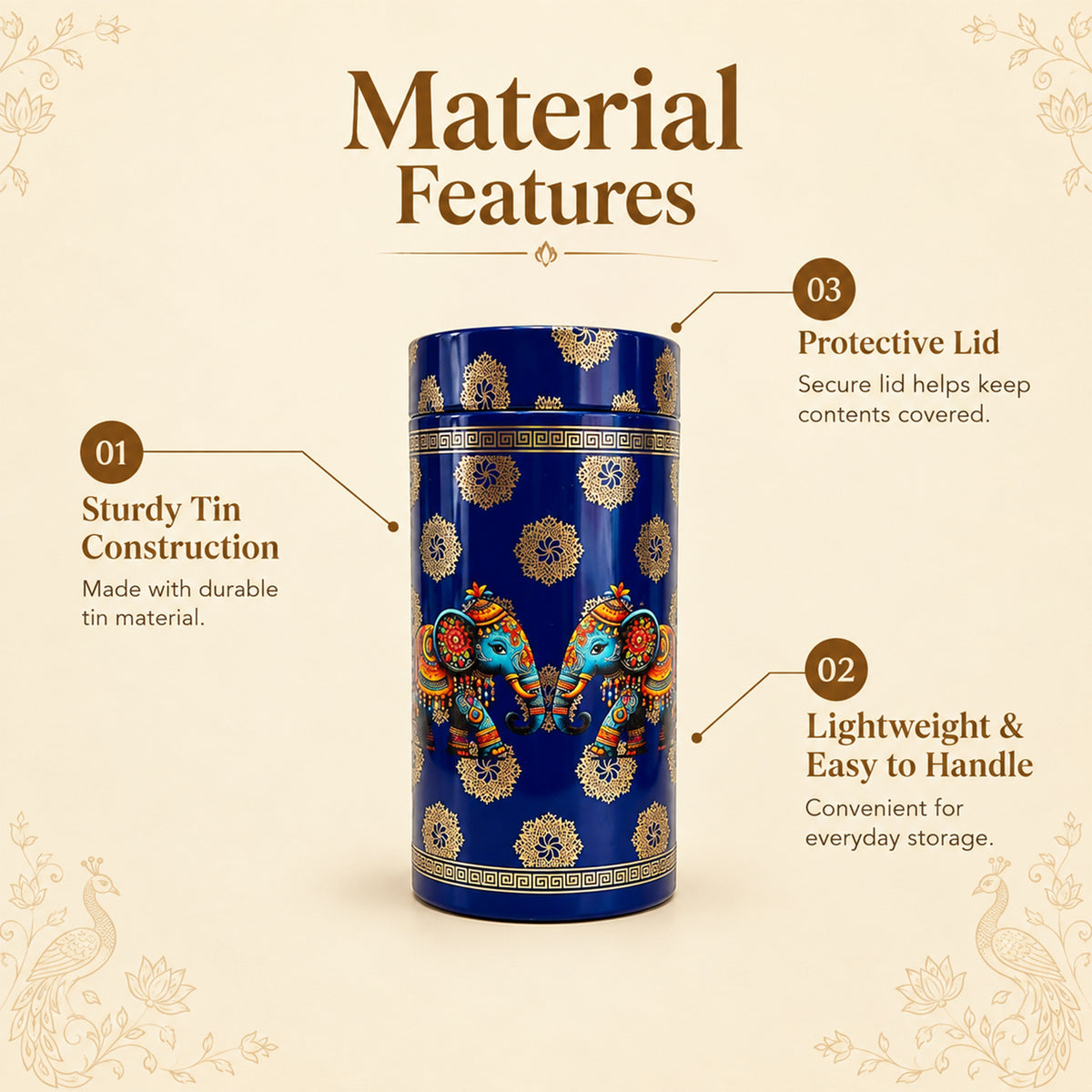 6" Metal Tin Box for Navrathri Gifting, Pichwai Blue Elephant, Pack of 2