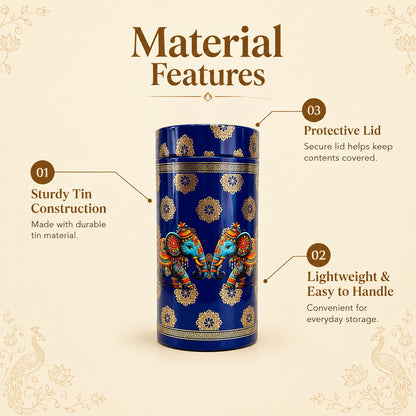 6" Metal Tin Box for Navrathri Gifting, Pichwai Blue Elephant, Pack of 2