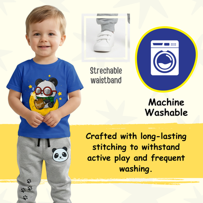Sakuya Kids Wear Cotton T-Shirt & Jogger Pant Set – Blue Panda Print T-Shirt with Grey Jogger Pants | Unisex Outfit for Boys & Girls | Breathable Fabric, Stretch Waist, Ribbed Cuffs