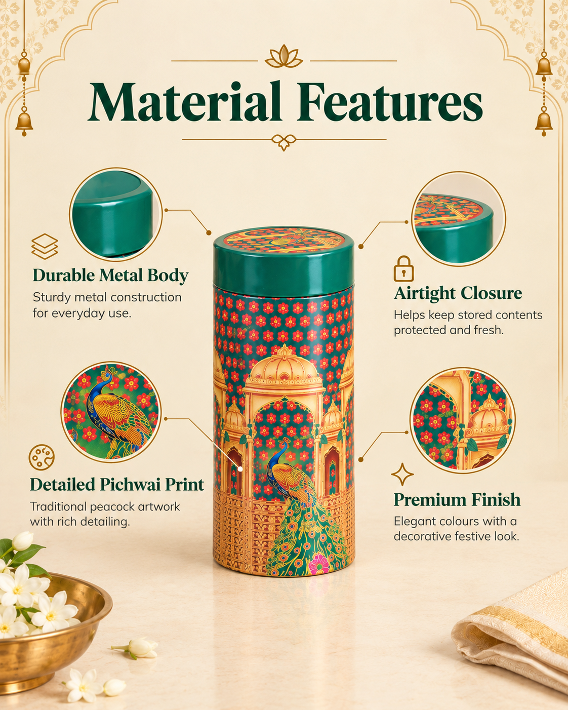 3" x 6" Pichwai Metal Tin Box with Basket for Navrathri Gifting - Pack of 3