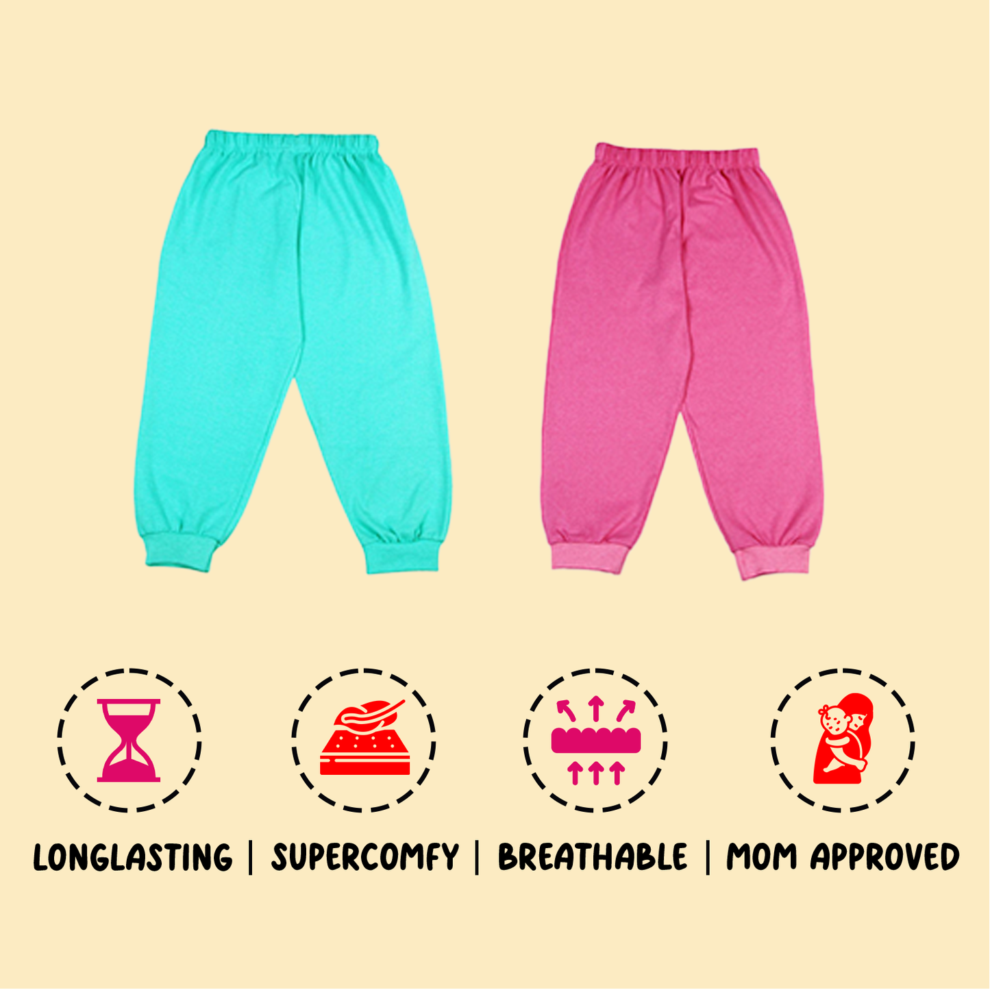 Sakuya Kids Cotton Loungewear Pants Set - Blue and Pink|Breathable Fabric| Comfortable Elastic Waistband-Set of 2 Cotton Pyjama Pants - Sakuya