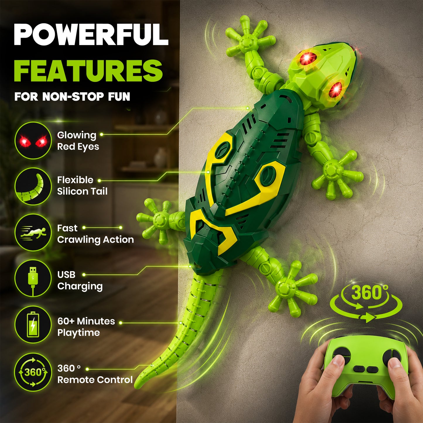 Sakuya Remote Control Toy Lizard for Kids | Rechargeable Wall Climbing RC Crawler with LED Lights | Fake Prank Animal Toy for 4+ Year Boys & Girls | Indoor Interactive Remote Play Gift