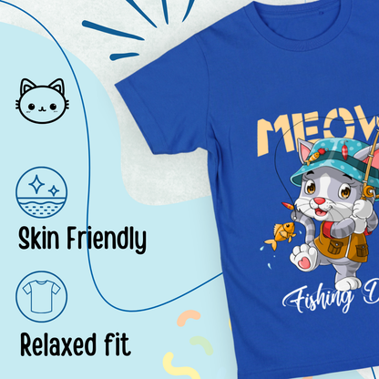 Sakuya Kids T-Shirt Regular Fit Unisex Cotton Dress with Attractive Cat Print| Half Sleeves - Perfect for Boys & Girls| Vibrant Blue - Sakuya