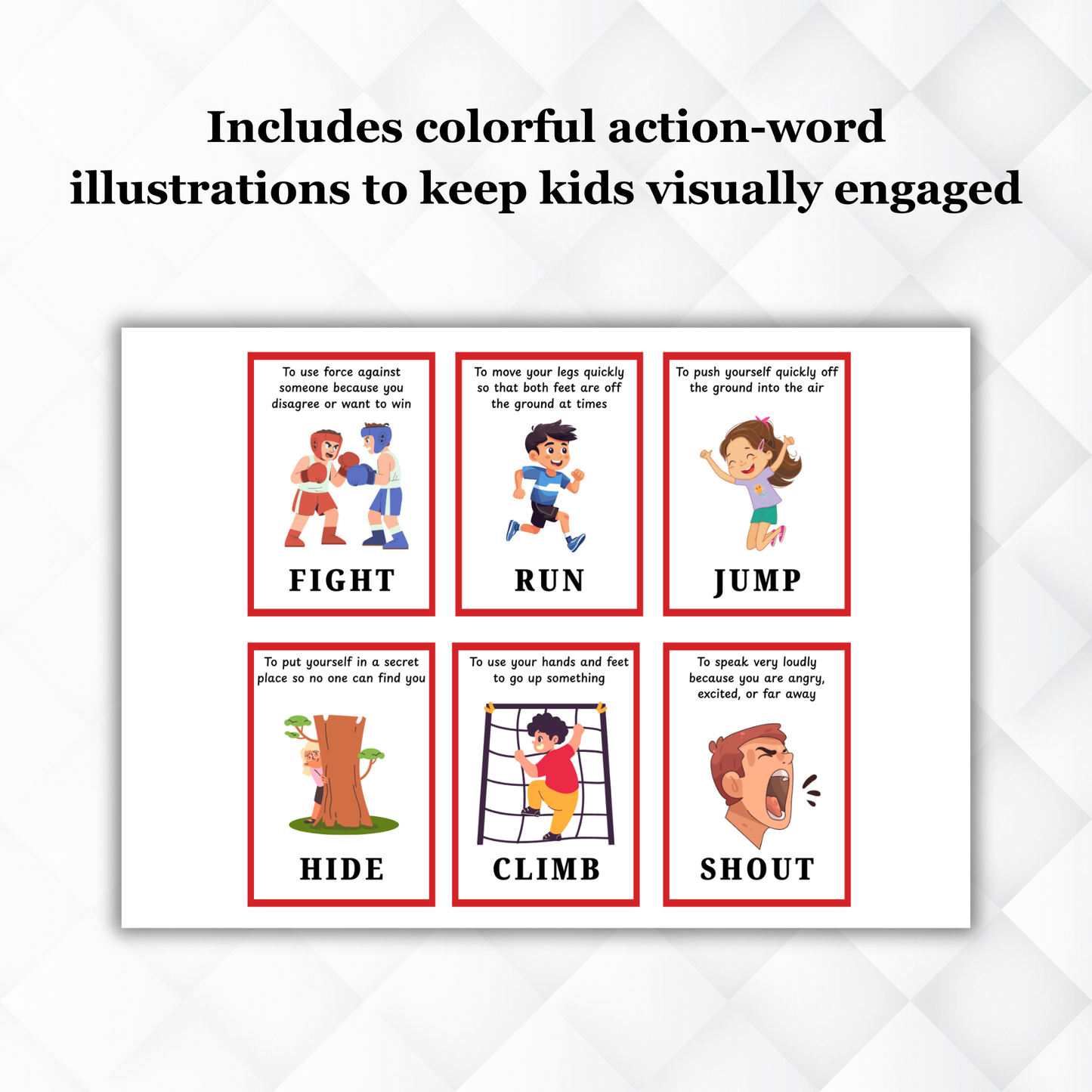 Sakuya Bingo Verb Flash Cards printable for Kids | Action Words Learning Game | Early English Vocabulary