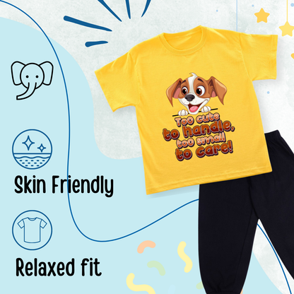 Sakuya Cute Dog Print Breathable Cotton Half Sleeve Tshirt & Pant Clothing Set for Nightwear coord Set for Unisex Kids Boys Girls-Yellow - Sakuya