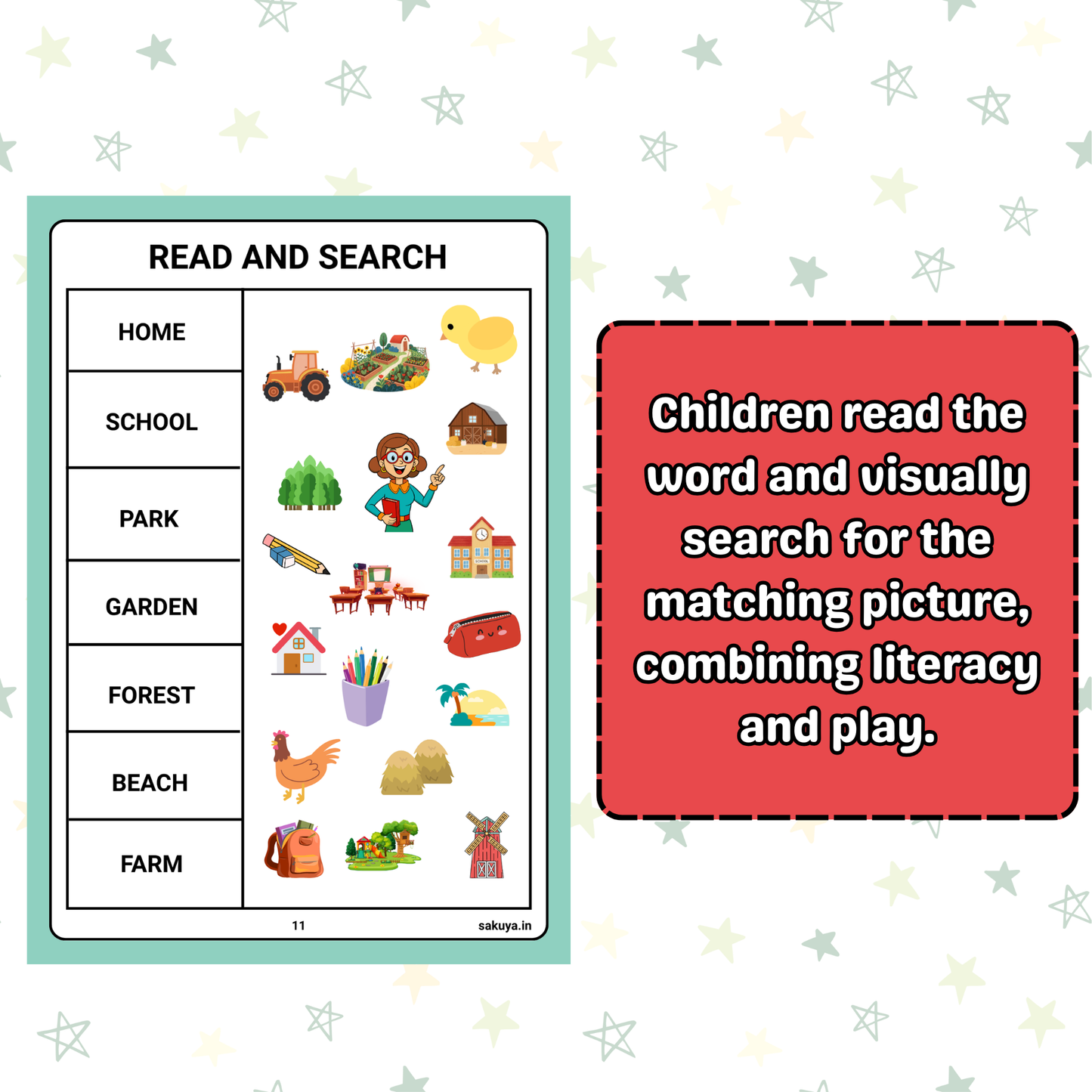 Sakuya Read and Search Activity Sheets for Kids | Printable Reading & Word Search Game | Digital Download Learning PDF