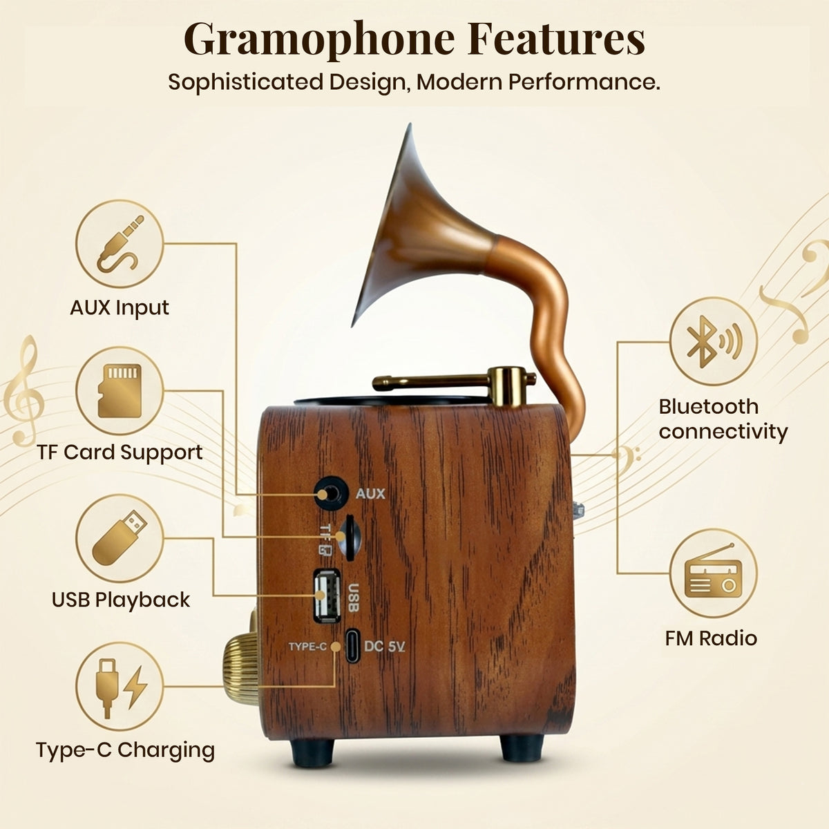 Sakuya Gramophone Bluetooth Speaker for Home Décor and Music Playback – Retro Wireless Music Player with FM Radio, USB, TF Card, AUX Support and Rechargeable Battery – Classic Gramophone Design