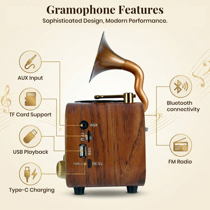 Sakuya Gramophone Bluetooth Speaker for Home Décor and Music Playback – Retro Wireless Music Player with FM Radio, USB, TF Card, AUX Support and Rechargeable Battery – Classic Gramophone Design