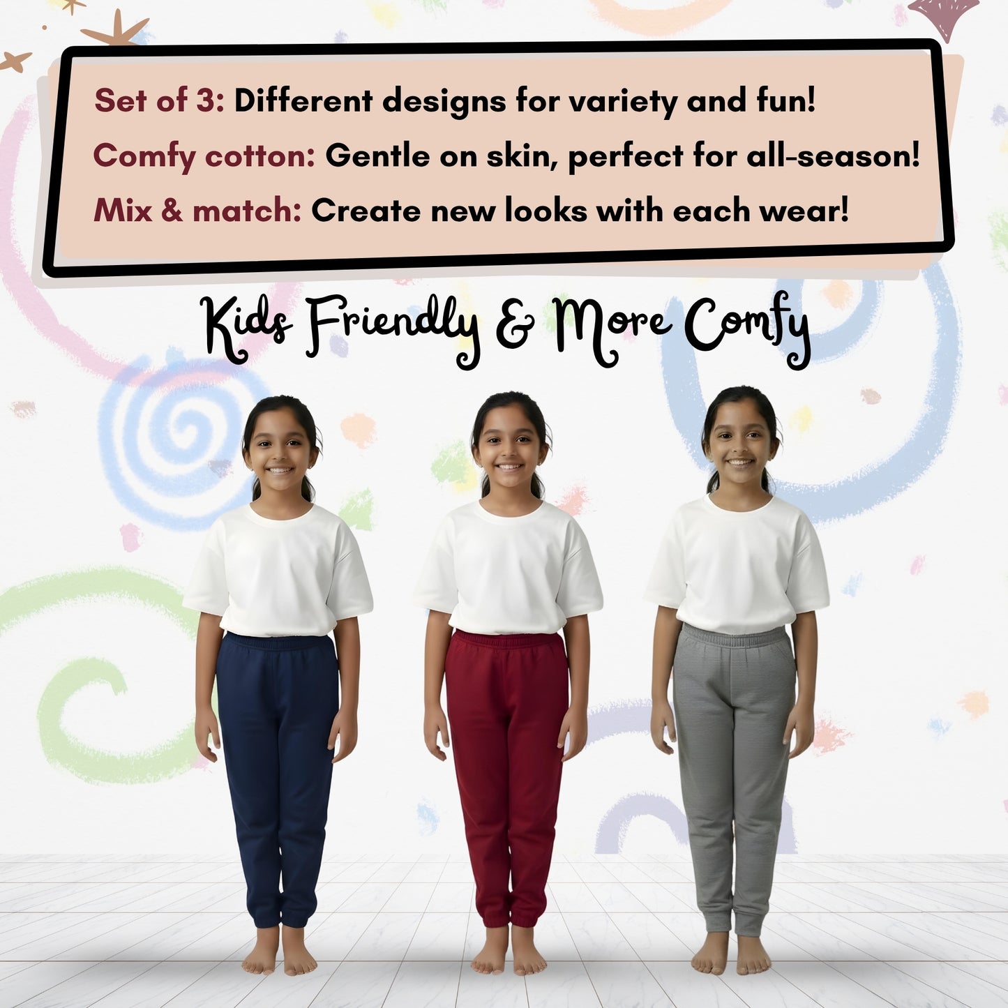 Sakuya Breathable Cotton Set of 3 Pant Set for Nightwear Sleepwear Casual Travel for Unisex Kids Boys Girls