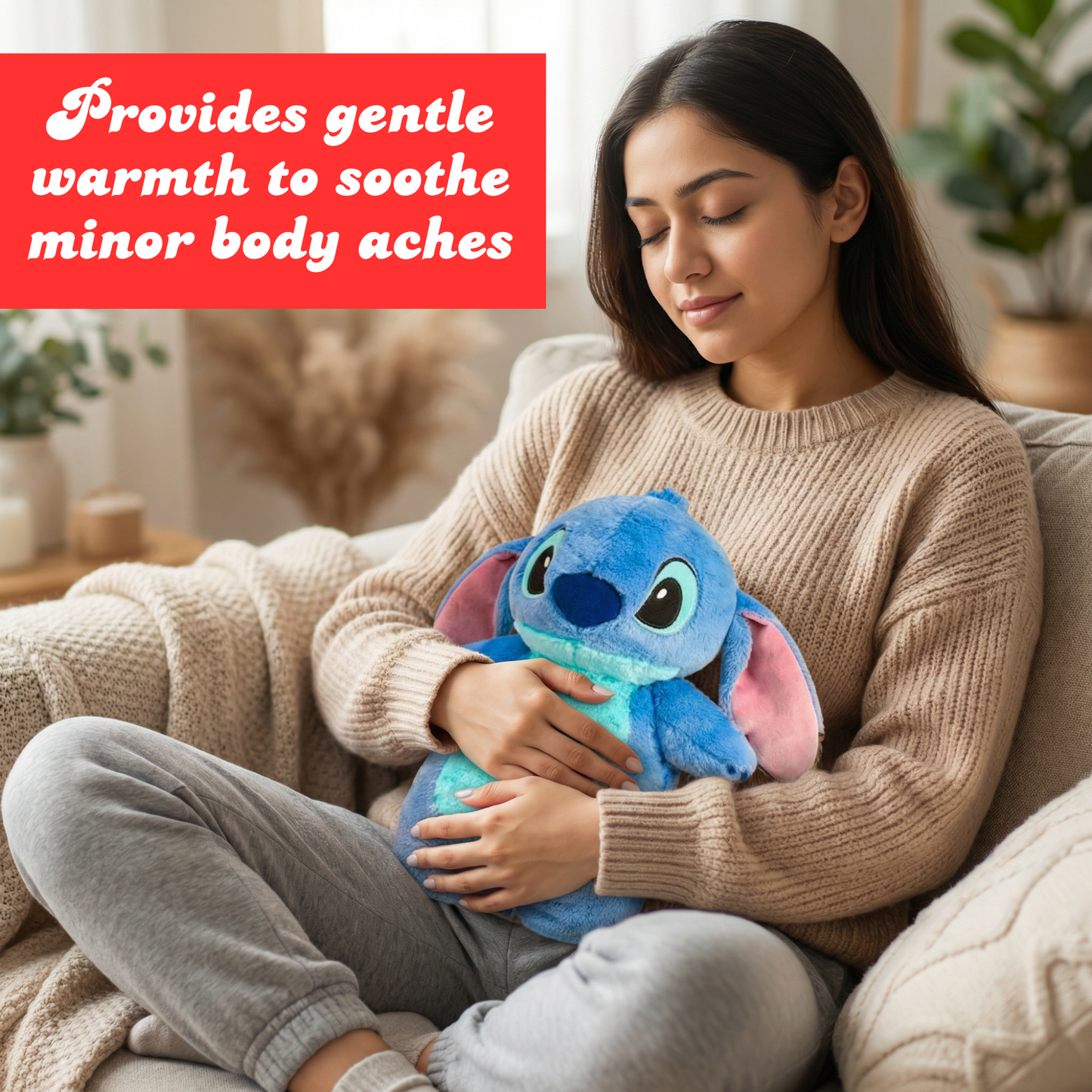 Sakuya Cute Disney Stitch Plush Hot Water Bag with Soft Cover for Pain Relief, Period Cramp Comfort, Warm Water Therapy, Muscle Relaxation, Back Pain Support, Body Aches & Everyday Heat Comfort at Home