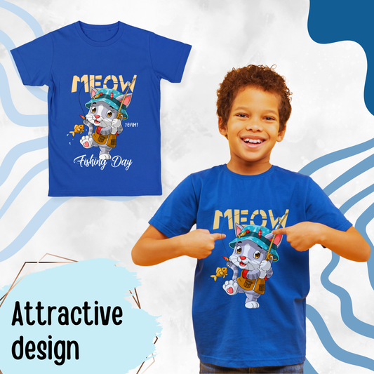 Sakuya Kids T-Shirt Regular Fit Unisex Cotton Dress with Attractive Cat Print| Half Sleeves - Perfect for Boys & Girls| Vibrant Blue - Sakuya