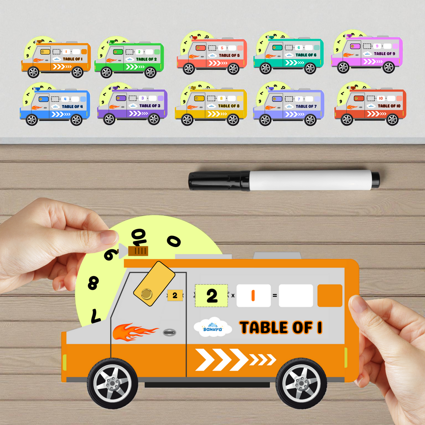 Sakuya Multiplication Table Truck Toy with Rotating Number Wheels for Tables 1 to 10 | Educational Game | Kids Activity | STEM Toy | Includes Pen and Marker with Pouch