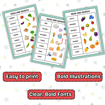 Sakuya Read and Search Activity Sheets for Kids | Printable Reading & Word Search Game | Digital Download Learning PDF