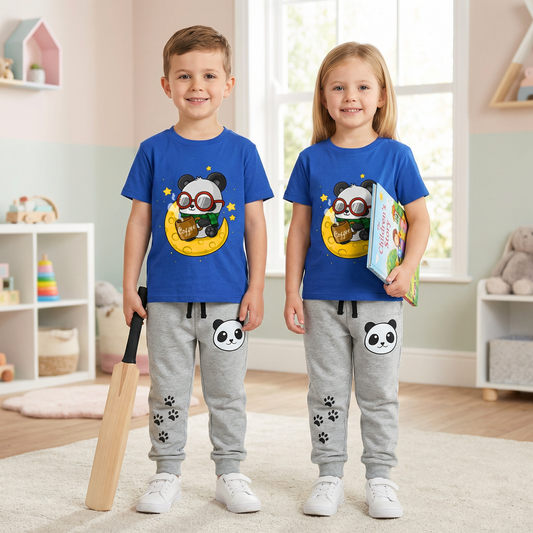 Sakuya Kids Wear Cotton T-Shirt & Jogger Pant Set – Blue Panda Print T-Shirt with Grey Jogger Pants | Unisex Outfit for Boys & Girls | Breathable Fabric, Stretch Waist, Ribbed Cuffs