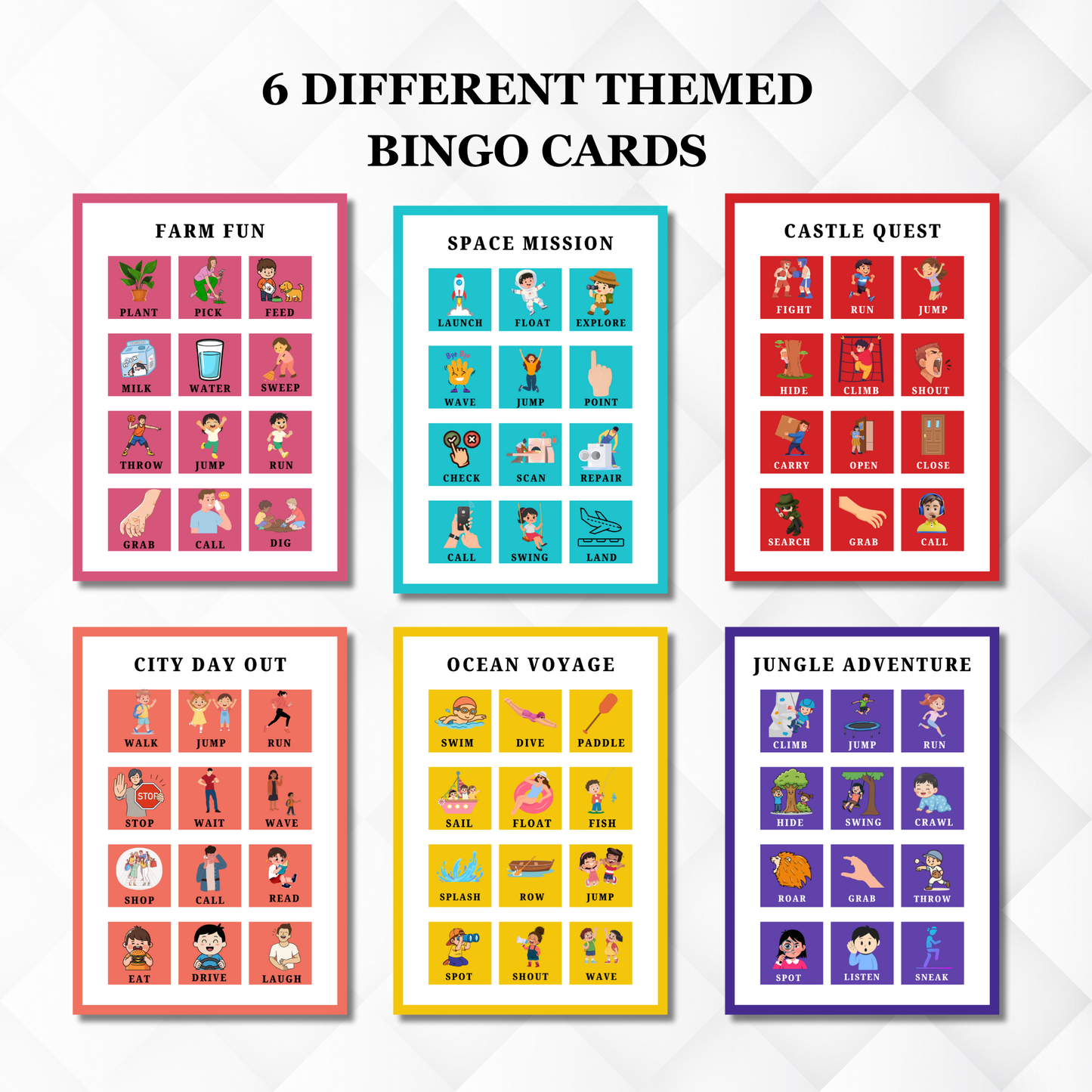 Sakuya Bingo Verb Flash Cards printable for Kids | Action Words Learning Game | Early English Vocabulary