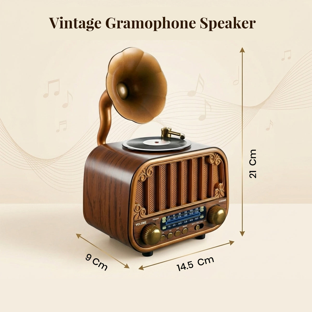 Sakuya Gramophone Bluetooth Speaker for Home Décor and Music Playback – Retro Wireless Music Player with FM Radio, USB, TF Card, AUX Support and Rechargeable Battery – Classic Gramophone Design
