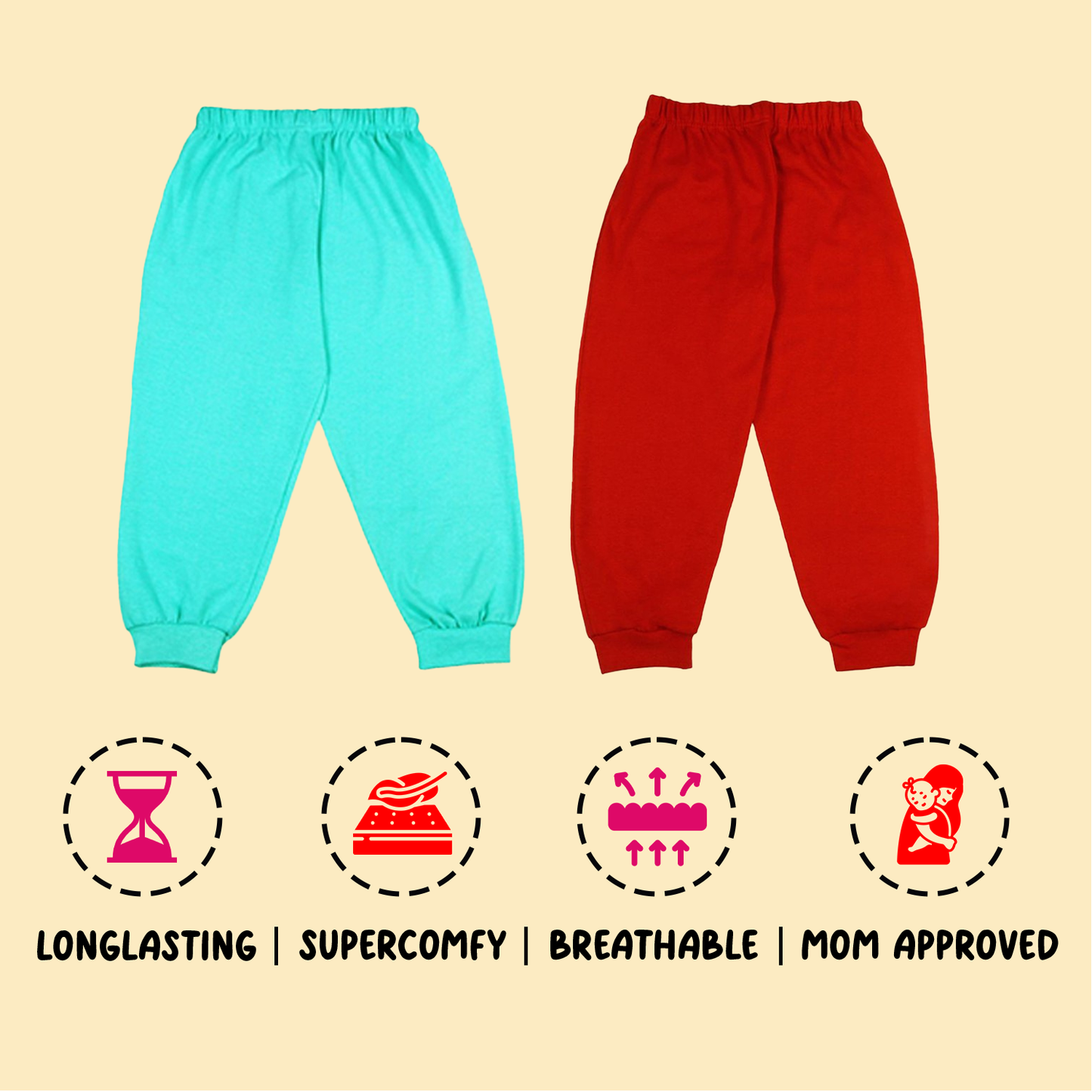 Sakuya Kids Cotton Loungewear Pants Set - Blue and Red |Breathable Fabric| Comfortable Elastic Waistband-Set of 2 Cotton Pyjama Pants - Sakuya