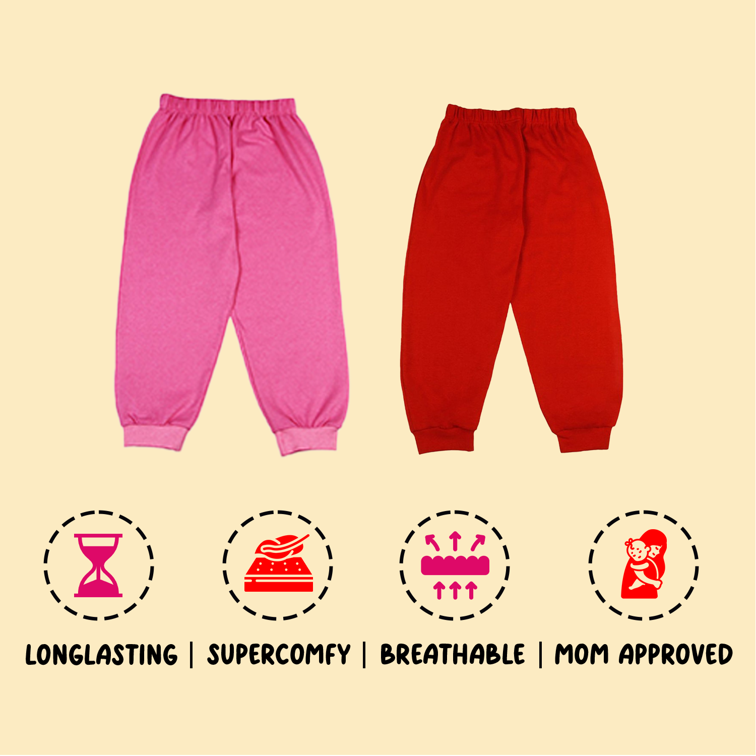 Sakuya Kids Cotton Loungewear Pants Set - Pink and Red |Breathable Fabric| Comfortable Elastic Waistband-Set of 2 Cotton Pyjama Pants - Sakuya