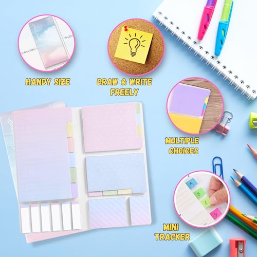 Sticky Notes Set Neon Memo Pad Set with Bookmark Index - Pink Sticky Notes for School, Home, and Office Organization - Sakuya