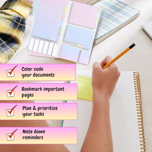 Sticky Notes Set Neon Memo Pad Set with Bookmark Index - Pink Sticky Notes for School, Home, and Office Organization - Sakuya