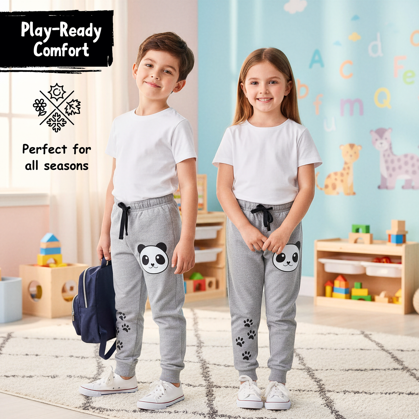 Sakuya Boys Track Pants | Cotton Track Pants for Kids with Full Length Fit and Elastic Waistband | Grey Panda Printed Daily Wear Bottoms Designed for Comfort, Breathability and Easy Movement