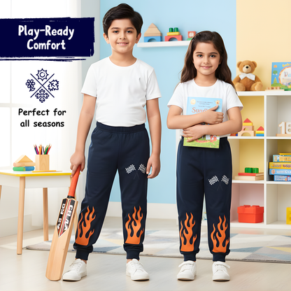 Sakuya Black joggers for boys, soft night pant, sporty track bottom suited to 1-5 years kids with racing design, comfy elastic waist full length wear, casual sleep trousers children will love