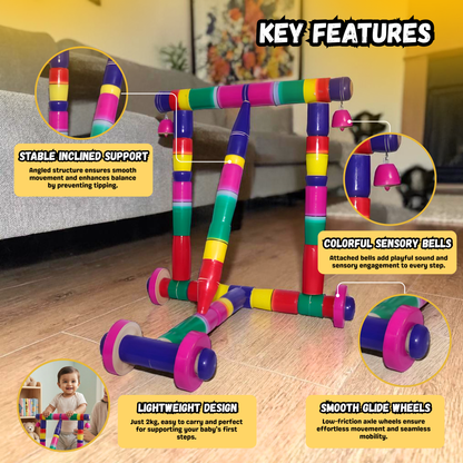 Sakuya Wooden Baby Walker Push Toy for Toddlers 6–18 Months | First Step Activity Walker | Solid Wood Frame | Smooth Wheels & Bells | Balance & Walking Support | Multicolor