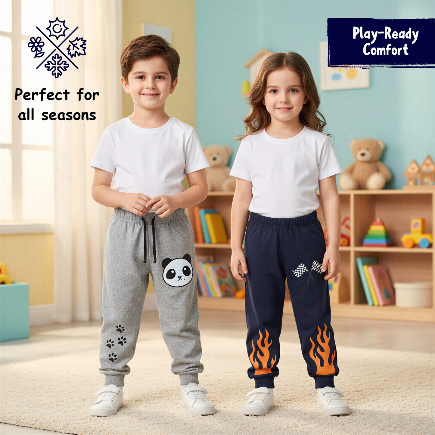 Sakuya Boys Track Pants | Cotton Track Pants for Kids with Full Length Fit and Elastic Waistband | Printed Daily Wear Bottoms Designed for Comfort, Breathability and Easy Movement | Pack of 2