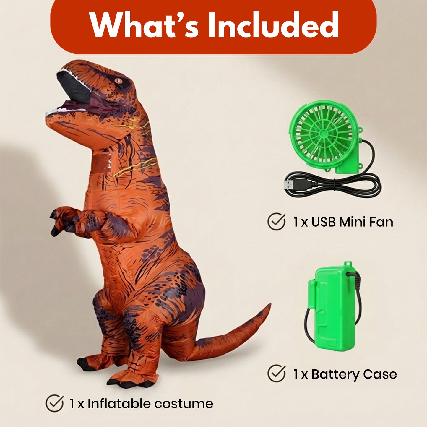 Sakuya Inflatable Dinosaur Costume for Adults | T-Rex Dino Cosplay Suit with USB Mini Fan | Blow-Up Mascot Costume for Halloween, Carnival, Parties & Events | Unisex, One Size