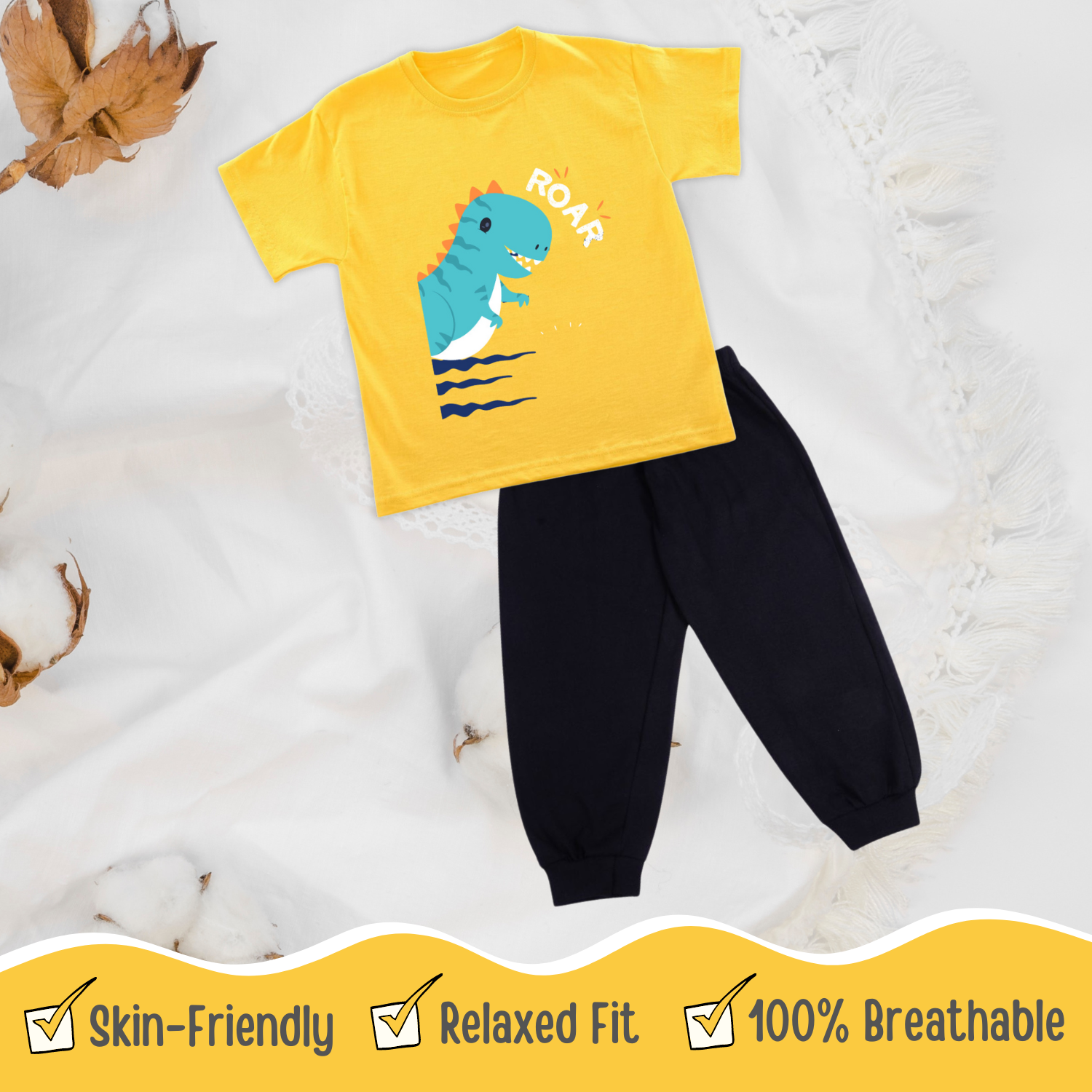 Sakuya Cute Dino Print Breathable Cotton Half Sleeve Tshirt & Pant Clothing Set for Nightwear coord Set for Unisex Kids Boys Girls-Yellow - Sakuya