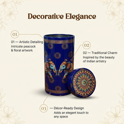 6" Metal Tin Box for Navrathri Gifting, Pichwai Blue Elephant, Pack of 2