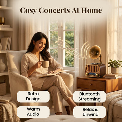 Sakuya Gramophone Bluetooth Speaker for Home Décor and Music Playback – Retro Wireless Music Player with FM Radio, USB, TF Card, AUX Support and Rechargeable Battery – Classic Gramophone Design