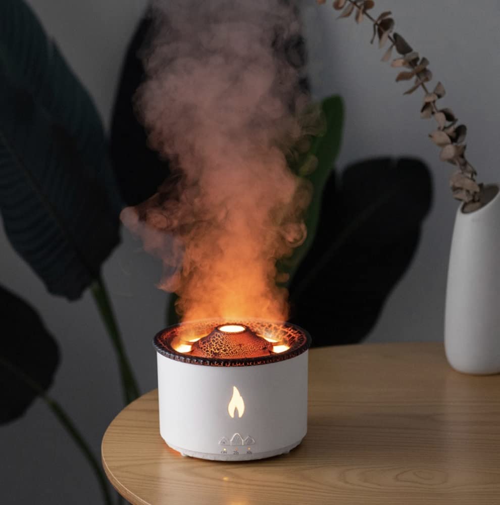 Volcano Humidifier with Flame & Lava Mist Effect, Essential Oil Diffuser, Cool & Warm Mist, Silent Operation, Auto Shut-Off, USB Powered for Home, Office & Bedroom