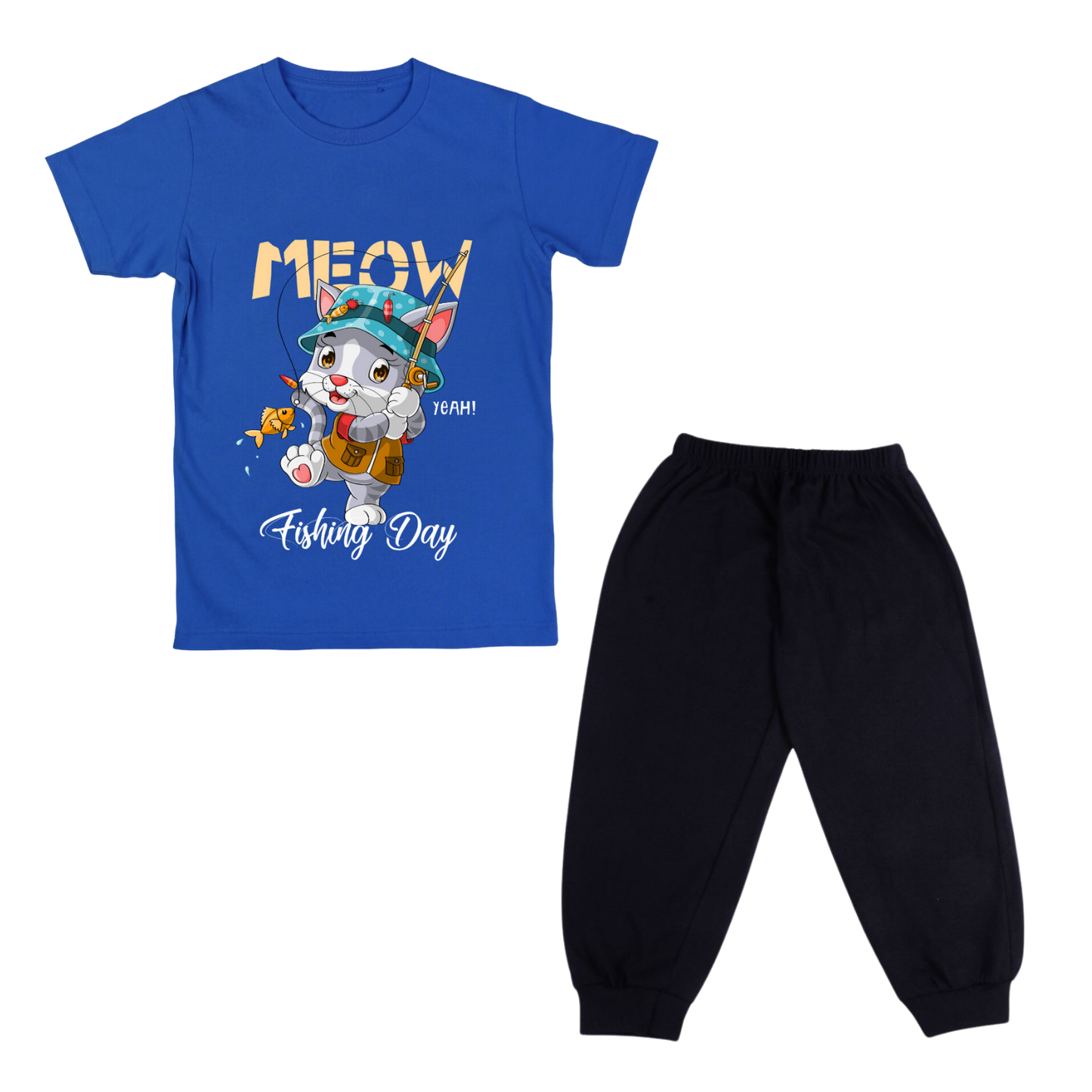 Sakuya Cute Cat Print Breathable Cotton Half Sleeve Tshirt & Pant Clothing Set for Nightwear coord Set for Unisex Kids Boys Girls-Blue - Sakuya